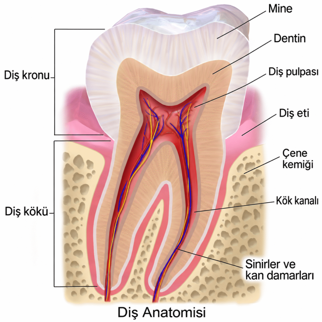 Kanal tedavisi: diş anatomisi, diş pulpası ve kök kanalları şeması
